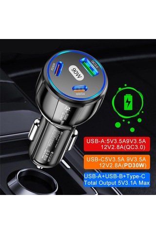 3 Port Hızlı Araba İphone 14 13 12mıini Pro Max Usb Pd Hızlı Hu İçin Siyah