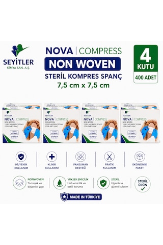 Seyitler Nova Nonwoven Kompres Steril 7,5cm X 7,5cm Spanç 100'lü Kutu - 4 Kutu