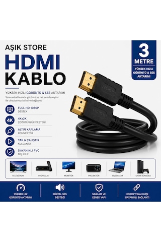 Hdmı Kablo 3 Metre Full Hd 1080p 4kx2k Yüksek Hızlı Görüntü Ve Ses Aktarım Kablosu Altın Kaplama Konnektör Pvc Dış Kılıf