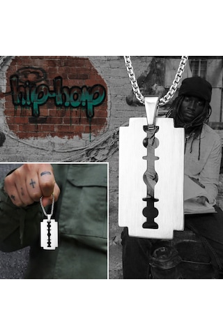 Paslanmaz Çelik Hip Hop Tarz Jilet Kolye Gümüş