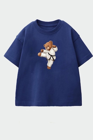 Monila Erkek Çocuk Pamuklu Bisiklet Yaka Karate Ayıcık Baskılı T-shirt Lacivert