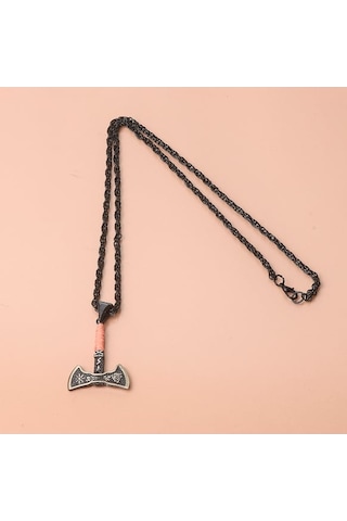 Viking Çift Taraflı Balta Turuncu İpli Erkek Kolye Çelik