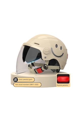 Yy SQ668 Kulak Muhafızları Çift Ayna Kuyruk Işık Açık Motosiklet Kaskı Bej