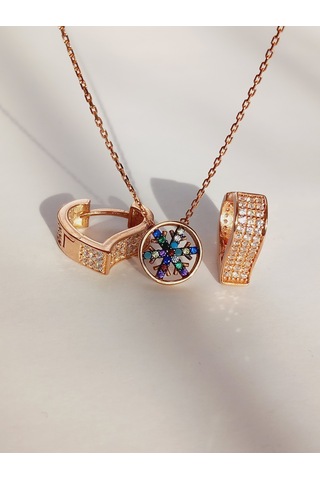 Gümüş Gold Kar Tanesi Kolye Beyaz Kalp Küpe Trend Kadın Set