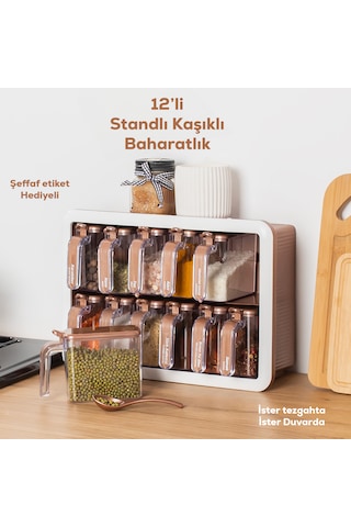 Porsima 1120 12li Standlı Kaşıklı Kapaklı Baharatlık Seti Bakır B Beyaz