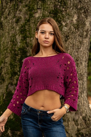 Verdeblanco Yırtık Detaylı Örme Crop Top Mürdüm