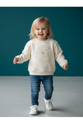 Zekids Kız Bebek Pamuklu Çiçek Detaylı Sweatshirt-16564 Krem