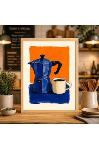 Moka Pot Kahve Sanat Baskıları Mavi Ve Turuncu İtalyan Espresso Seti 2 Adet