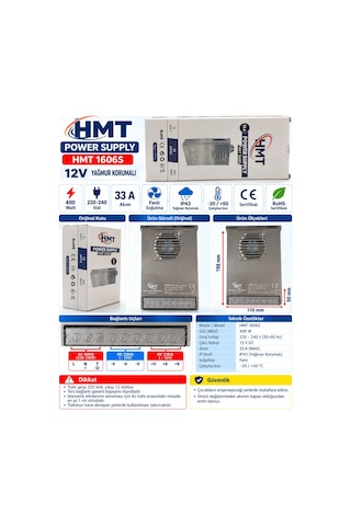 Hmt 12v Dc 33.3a 400w Yağmur Korumalı Epoksi Li Fanlı Led Trafosu 12 Volt 33.3 Amper Ip43 Tam Değe