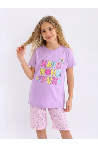 Kız Çocuk Kısa Kollu Kapri %100 Pamuklu Pijama Takımı More Fun Lila