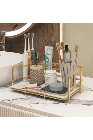 Novahub Çift Katlı Beyaz Altın Banyo Rafı - Metal Malzeme, Dekoratif Ve Pratik, Dayanıklı Altın