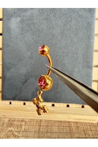%100 316 L Cerrahi Çelik Gamalı Haç Sallantı Pembe Zirkon 10x1,6mm Altın Göbek Piercing
