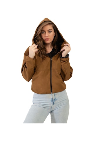 Spor Kadın Kapüşonlu Su Ve Rüzgar Geçirmez Oversize Yağmurluk - Rüzgarlık-132 Taba