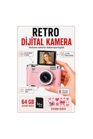 Solvis 4k Dijital Retro Fotoğraf Makinesi 48mp 18x Zoom 180 Dönen Ekran Flaşlı 64gb Sd Kart Selfie Vlog Kamera Pembe