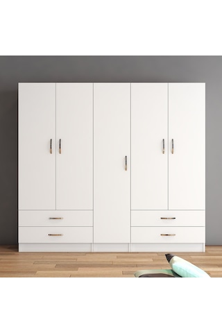 tanmob 5 Kapılı Dört Çekmeceli Geniş Gardrop Beyaz- Grd0701