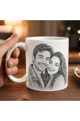 Bk Gift Kişiye Özel Karakalem Çizimli Fotoğraflı Beyaz Kupa Bardak