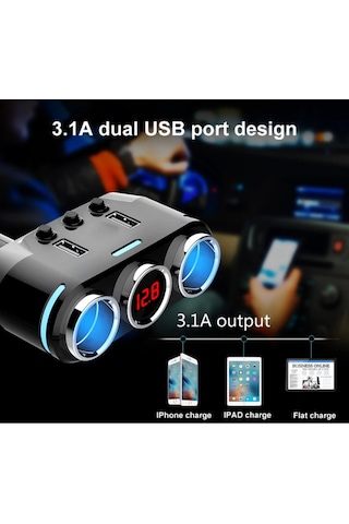 Işıklı Araç Çakmaklık Çoğaltıcı 3'lü Çakmak Soketi 12v-24v 10a Usb Araba Çakmak Soket Çoklayıcı