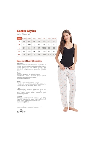 Tudors Kadın Regular Fit Klasik Kesim Viskon Beli Lastikli Fiyonk Detaylı Baskılı Beyaz Pijama Altı-51007