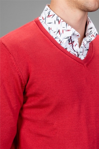 Tudors Slim Fit Dar Kesim V Yaka Pamuklu Erkek Kazak-14072 Kırmızı