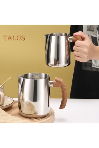 Siyah 600/1000 Ml Süt Köpürtme Sürahi Hassas Ölçekli Ahşap Saplı Damlamasız Borulu Paslanmaz Çelik Latte Kahve Fincanı 1000ml