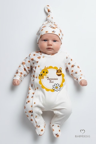 Babyden's Teyzesinin Balı Yazılı Yenidoğan Bebek Tulumu Şapka Seti Arı Desenli %100 Pamuk Çıtçıtlı Bebek Tulum Ekru
