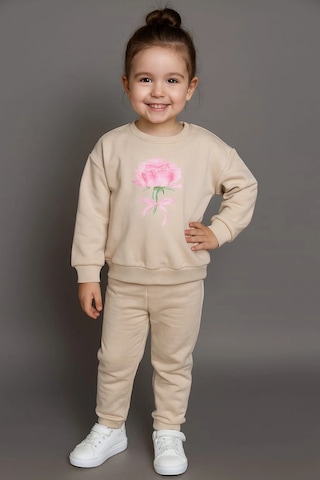 Kız Çocuk %100 Pamuk Gül Baskılı Eşofman Takımı Bej
