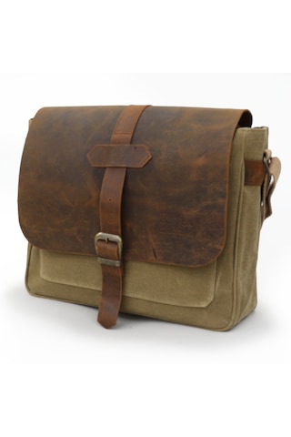 Dark Cotton 7503 Hakiki Deri Kapaklı Suya Dayanıklı Mumlu Kanvas 15 Laptop, Okul, Evrak Seyahat Çantası Camel