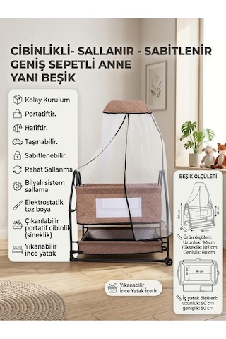 Öykü Bebek Dunyasi Cibinlikli Sallanır Sabitlenir Geniş Sepetli Anne Yanı Beşik Kahverengi