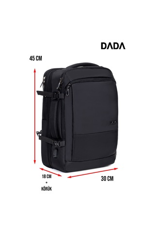 Körüklü Laptop Sırt ve Seyahat Çantası 15,6 İnç 40 Litre Usb Su Geçirmez Kumaş Siyah Dada 12