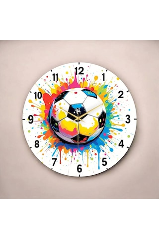 AA Shop Futbol Top Renkli Baskı Desenli Sayılı Hediyelik Ahşap Sessiz Tablo Duvar Saati 109 Renkli