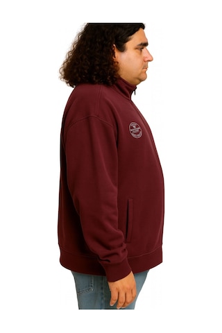 Erkek Büyük Beden 122-158 Kilo Arası İçin Uygun Pamuklu Geniş Kalıp Dik Yaka Fermuarlı Sweat Mont Bordo