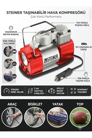 Steiner 12v Çakmaklık Girişli 150 Psi Mini Hava Kompresörü Kırmızı