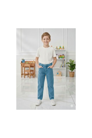 Erdem Kıds Erkek Çocuk Pamuklu Beli Lastikli Baggy Jean Pantolon Rahat Kalıp Geniş Bol Paça Kot Pantolon Mavi Mavi