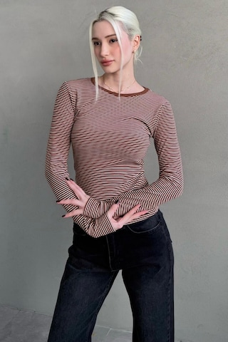 Kahverengi Çizgili Uzun Kollu Kadın Body Mg2657 Kahverengi