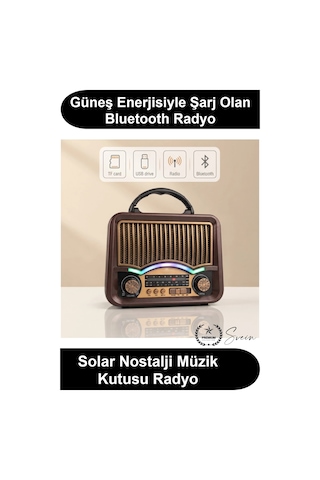 Retroradyo Solar Nostalji Müzik Kutusu Şarjlı Fm Radyo Bluetooth Hoparlör Usb Tf Kart Destekli Ahşa