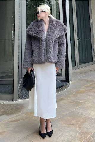 Tille Miss Dame Yumuşak Dokunuşlu Oversize Çıtçıtlı Antrasit Kürk Mont Gümüş Gümüş