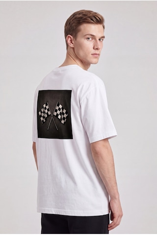 Black Nova Oversize Baskılı Unisex Tişört Race Flags Beyaz