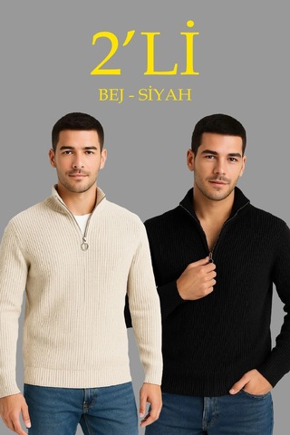 Novalisse Erkek Fitilli Triko Kazak 2 Li Set Siyah Bej Kalın Dokuma Pamuklu Regular Fit V Yaka Çoklu Renk