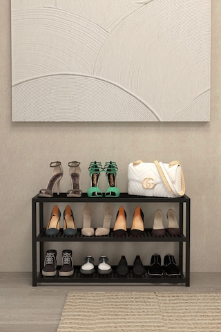 Aju Ayakkabılık Geniş Metal Modern Tasarım 3 Katlı Ayakkabı Rafı Dolabı Açık Vestiyer Siyah