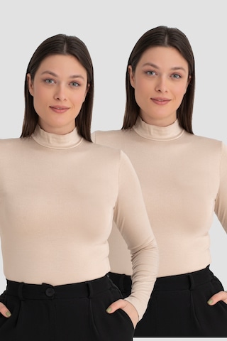 Arma Yıldız Kadın Ten Balıkçı Yaka Uzun Kollu Body 2'li Paket Ten