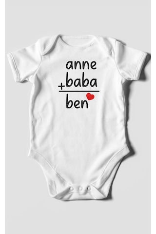 Anne Baba Ve Ben Baskılı Bebek Zıbını Çıtçıtlı Body %100 Pamuk Kısa Kol Beyaz