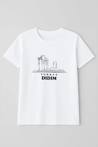 Erkek Bisiklet Yaka %100 Pamuk Didim Baskılı Kısa Kollu T-shirt Beyaz