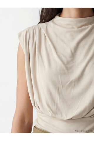 Lcw Vision Bej Dik Yaka Büzgülü Bluz Mock Neck Ruched Blouse