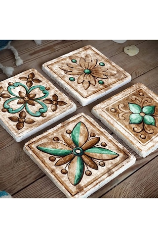 Baskılı Doğaltaş Bardak Altlığı 4'lü Set - Hint Desenli Doğal Taş Bardak Altı Çok Renkli