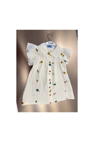 Poala Kids Müslin Çiçek Nakışlı Elbise Beyaz