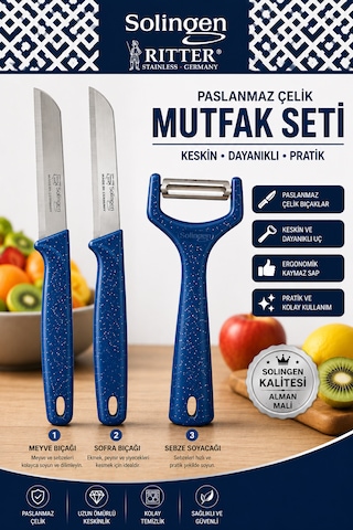 Solingen Ritter 3'lü Paslanmaz Çelik Mutfak Seti Mavi