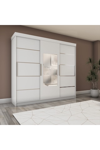 Sürgülü Gardırop Üç Kapaklı 240/210cm Parlak Beyaz