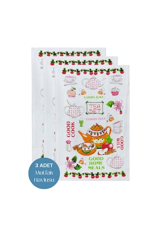 3lü Paket Baskılı Beyaz Mutfak Havlusu Modeli Good Day
