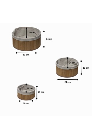3'lü Bambu Yuvarlak Sepet - Çok Amaçlı Saklama Kutusu Bej