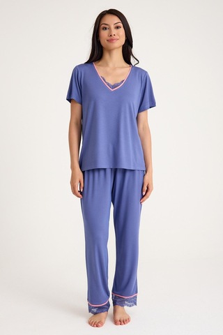 Dream Gri Mavi Viskon V Yaka Dantel Detaylı Pijama Takımı Mavi